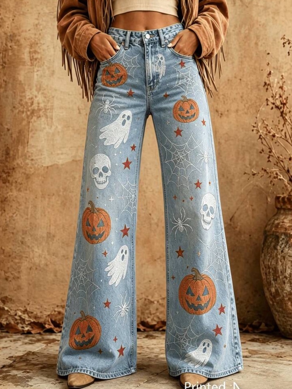 Halloween Pumpkin & Ghost Wide-Leg Jeans - Light Blue